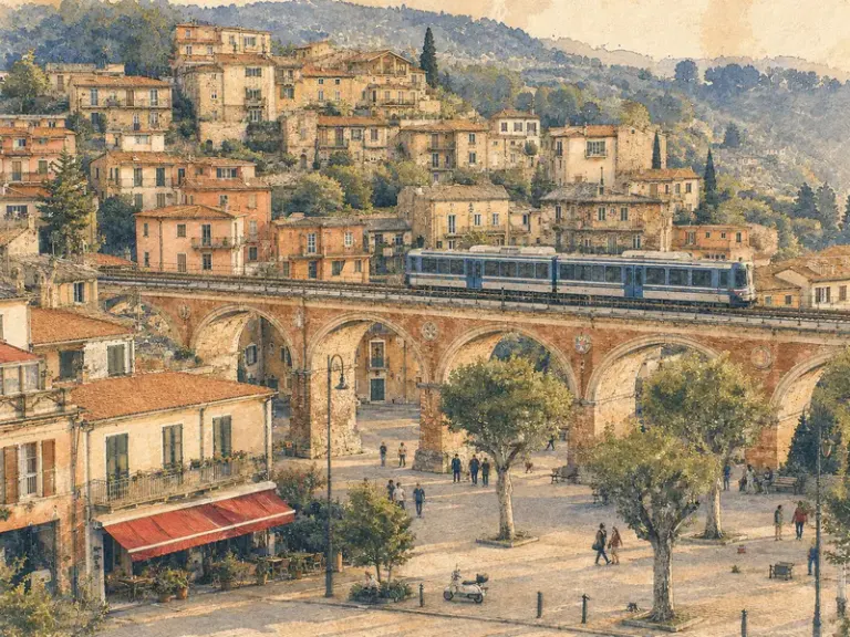 Hill town and railway viaduct in the Tidal Register style