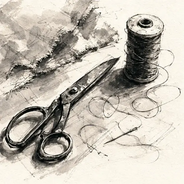 Scissors and thread in the Ink Trace style