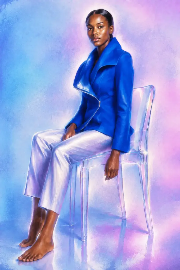 Fashion portrait on a transparent chair in the Chrome Aura style