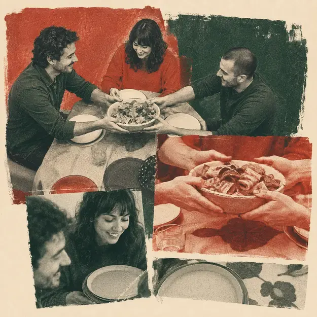 Friends serving dinner in the Abstract Editorial style
