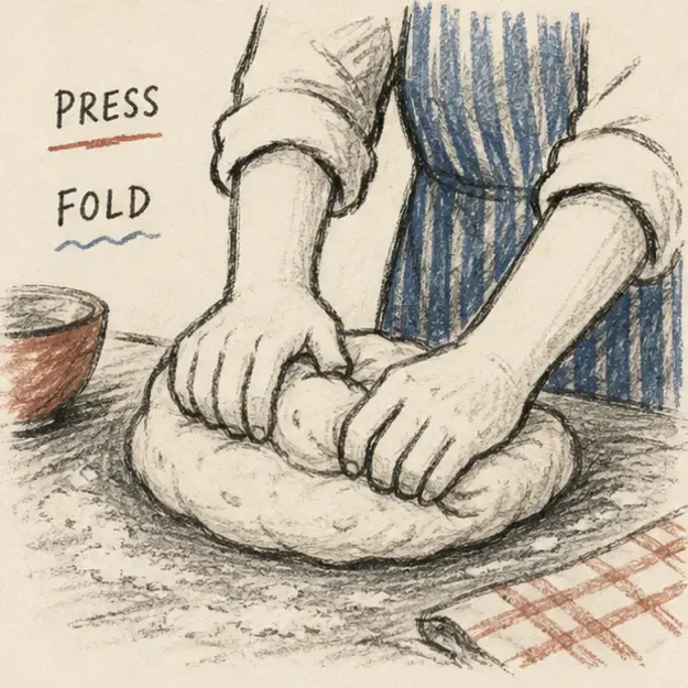 Hands kneading dough in the Pencil Story style