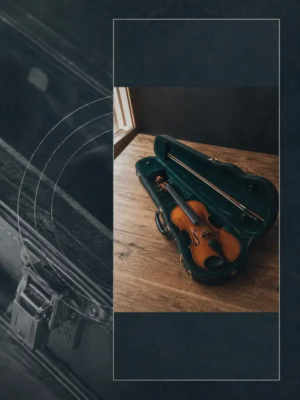 Violin and bow in an open case in the Silver Slit style