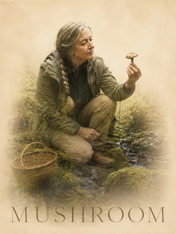 Mycologist examining a mushroom in the Silhouette Memory style
