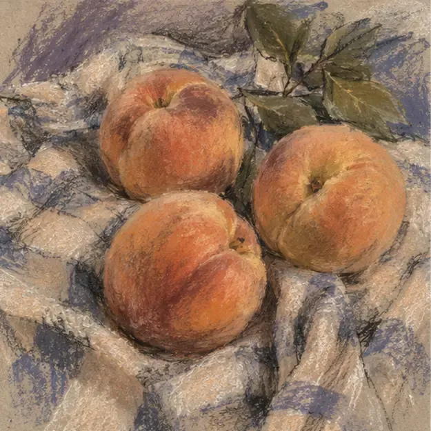 Peaches on a cloth in the Chalk Sunday style