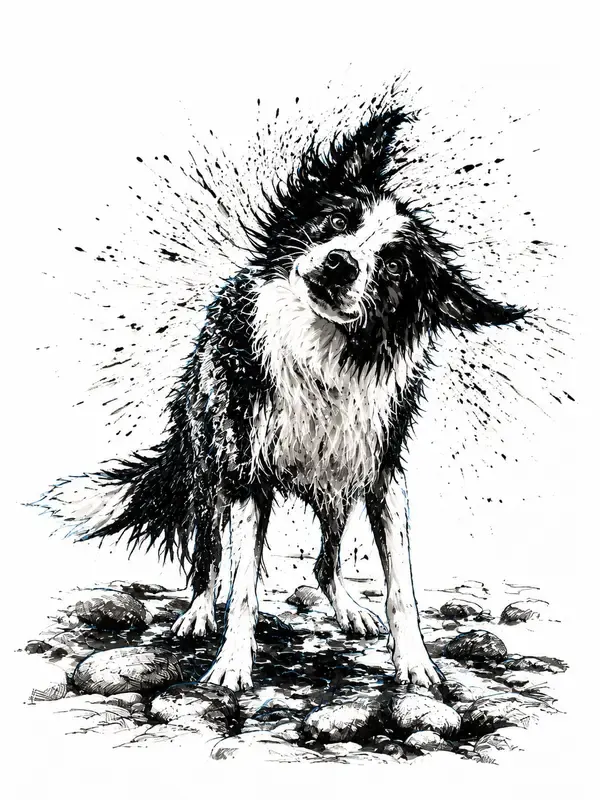 Border collie shaking off water in the Ink Voltage style