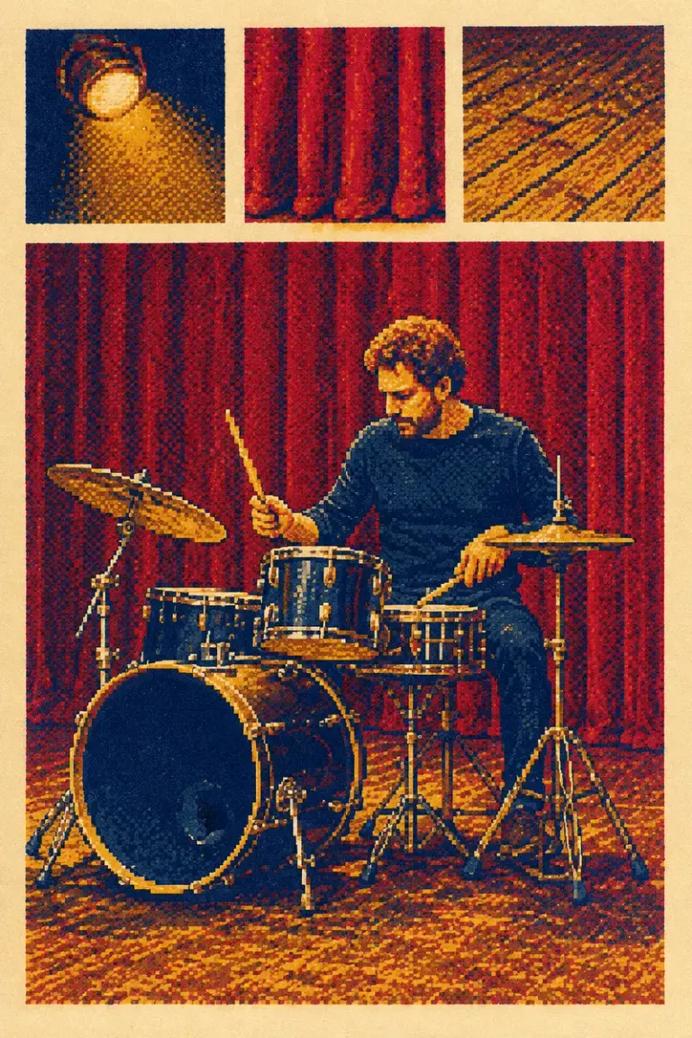 Drummer performing on a community theater stage in the Arcade Risograph style