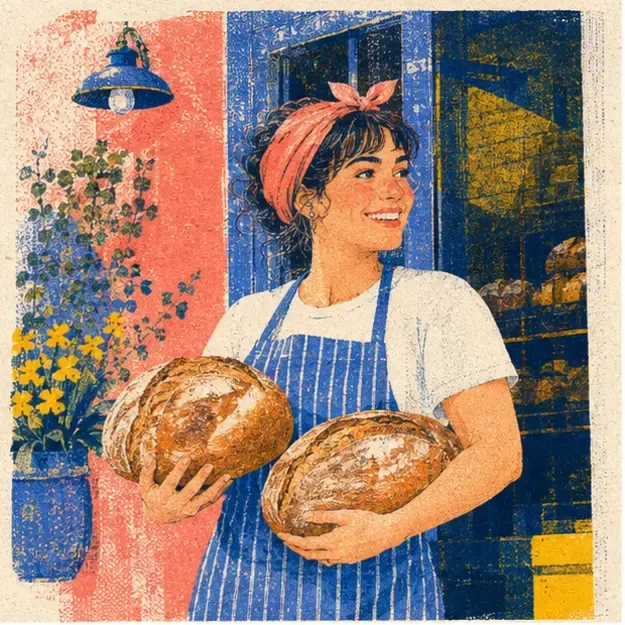 Chef carrying bread in the Riso Day style