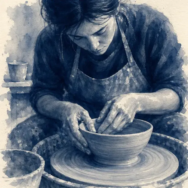 Ceramicist at work in the Mono Wash style