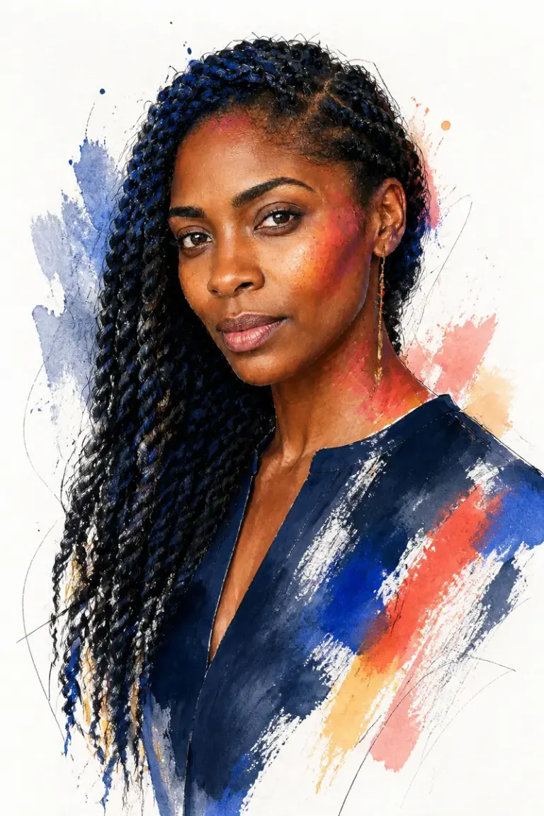 Woman with long natural twists in the Cobalt & Coral style