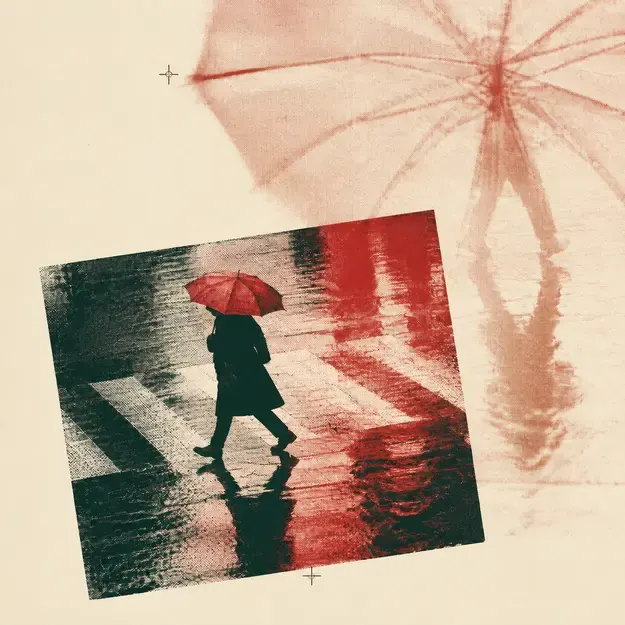 Commuter crossing in rain in the Abstract Editorial style