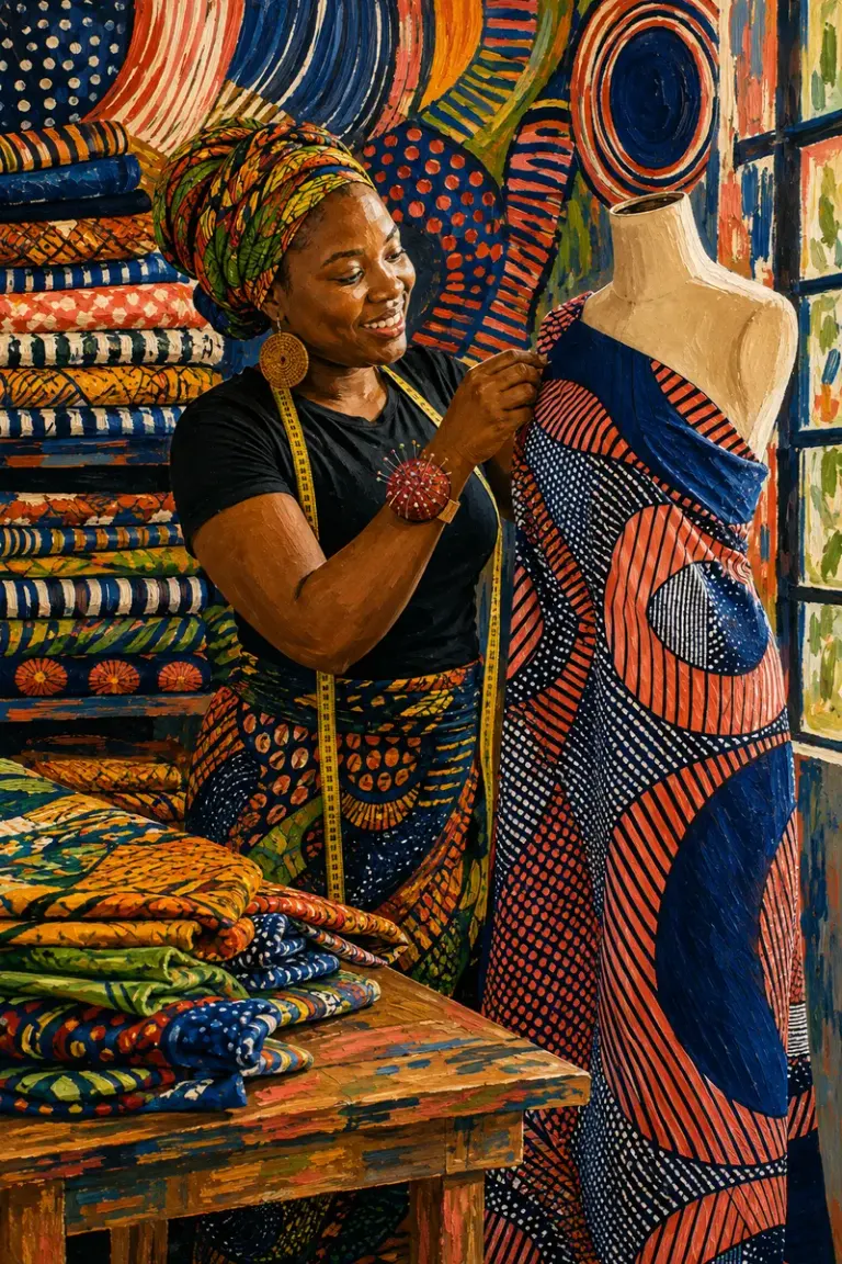 Fashion designer pinning patterned cloth in the Pattern Feast style