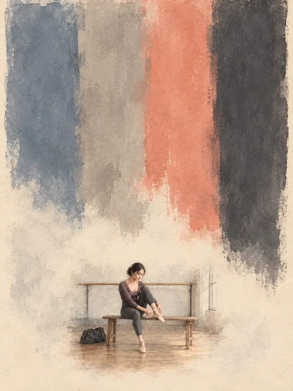 Adult dancer tying a ballet shoe on a bench in the Pigment Curtains style