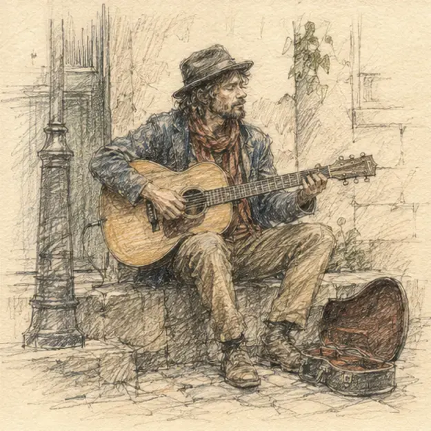 Street musician in the Field Sketch style