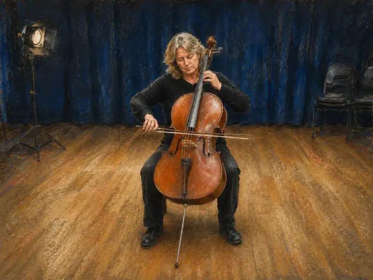 Cellist rehearsing on an empty stage in the Ultramarine Ember style