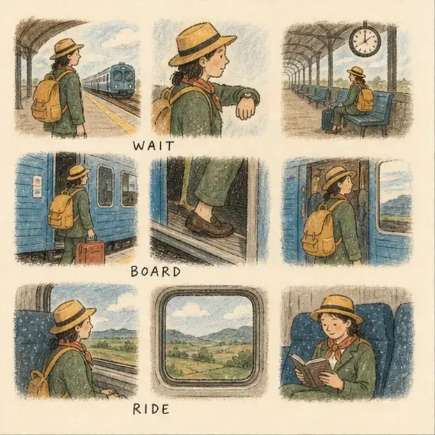 Traveler taking a train in the Story Grid style
