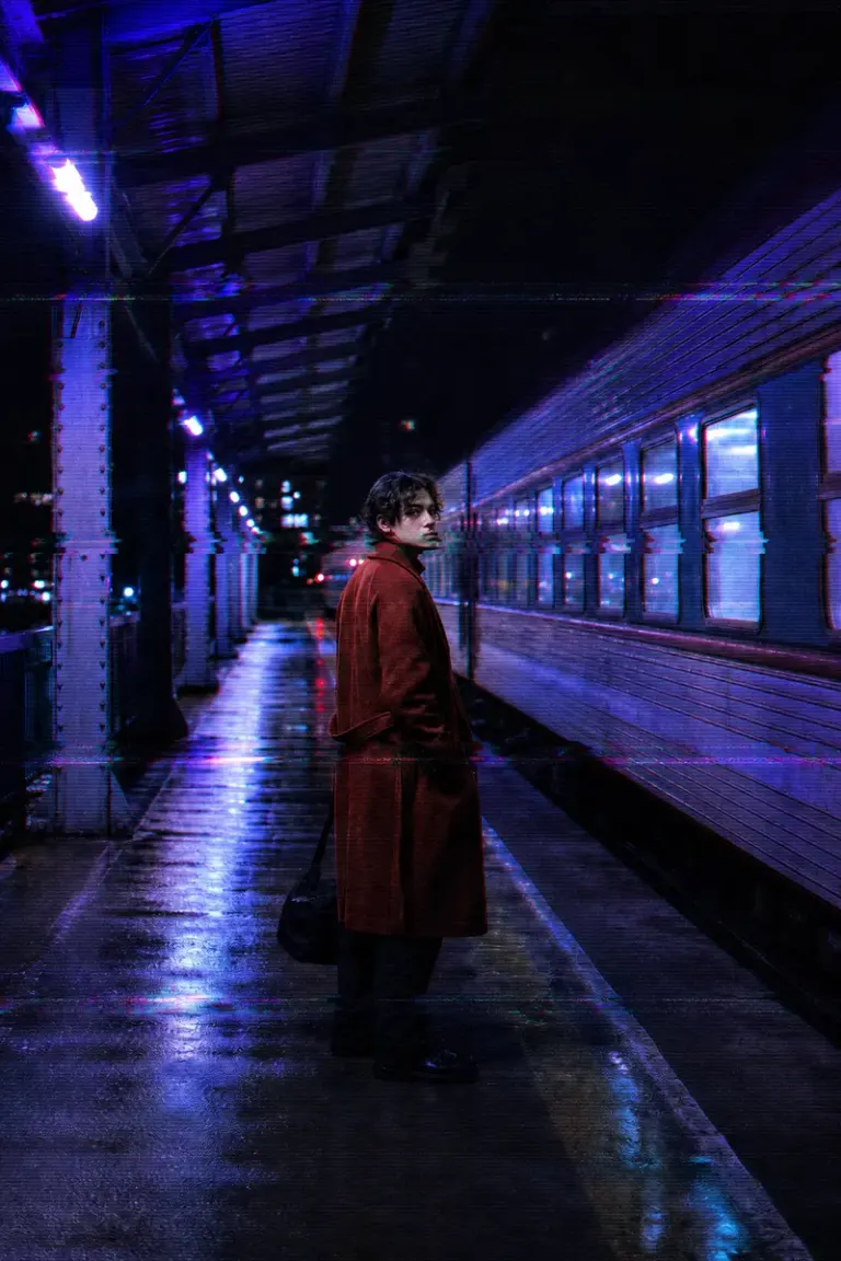 Lone traveler beside a night train in the Glitch Bloom style