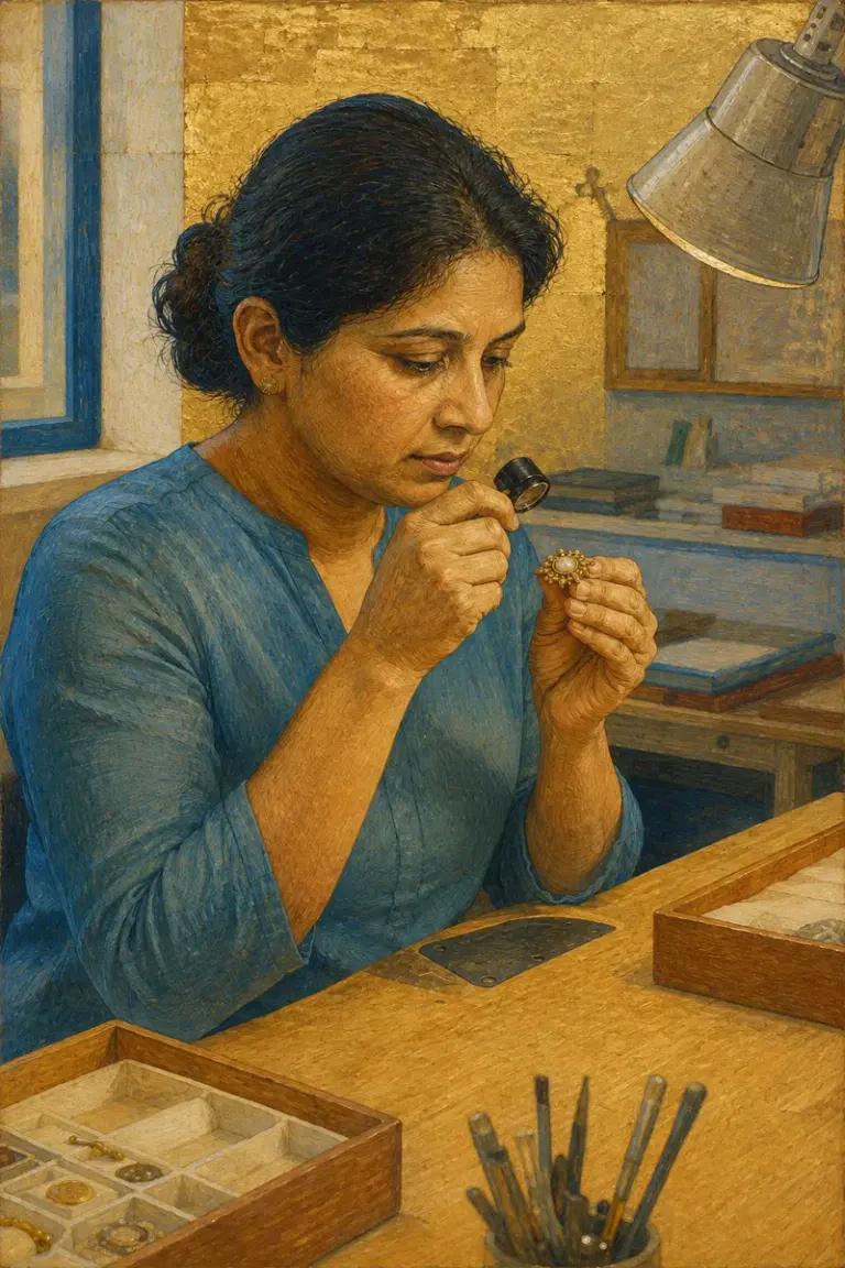 Jewelry conservator examining an antique brooch in the Gilded Tempera style