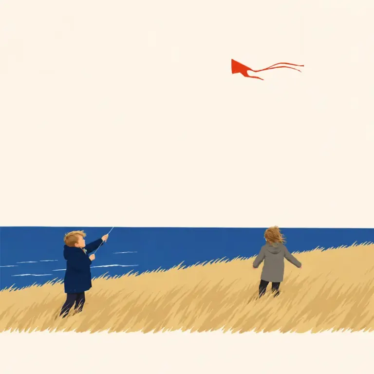 Two children flying a kite in the Quiet Lineup style