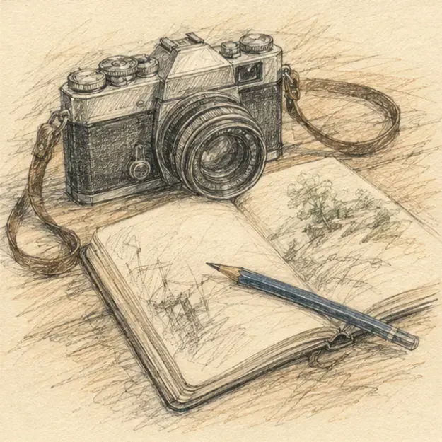 Film camera and notebook in the Field Sketch style