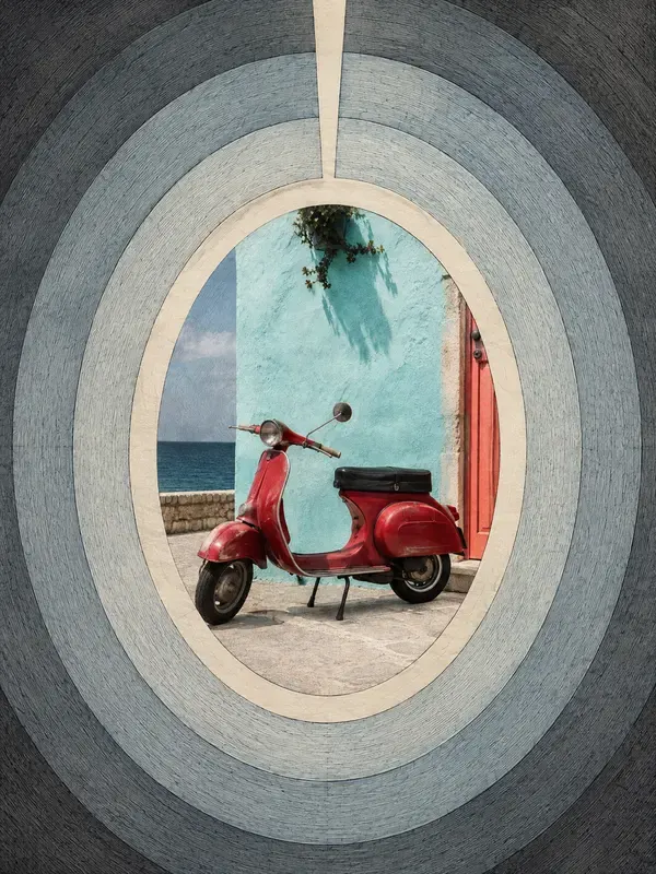 Vintage red scooter in the Radial Well style