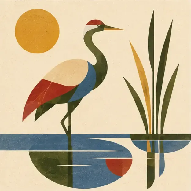 Crane beside water in the Geo Memory style