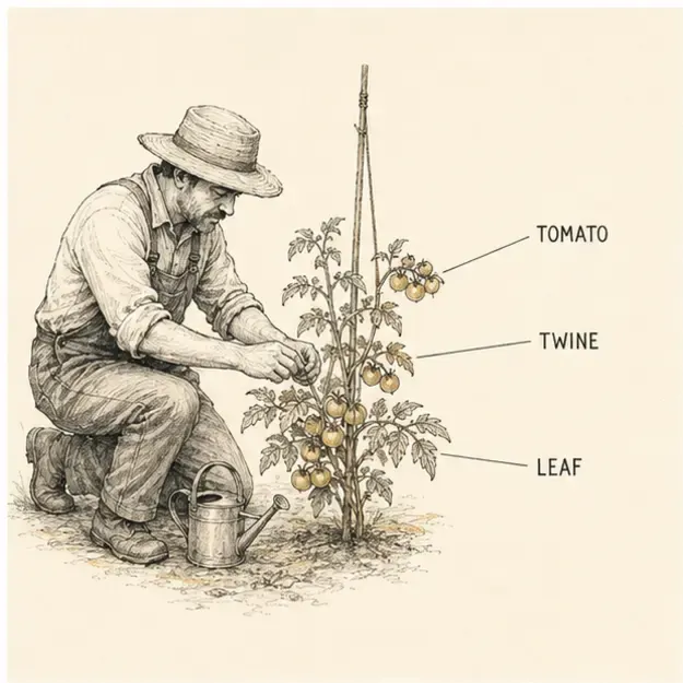 Gardener and tomato plant in the Margin Notes style