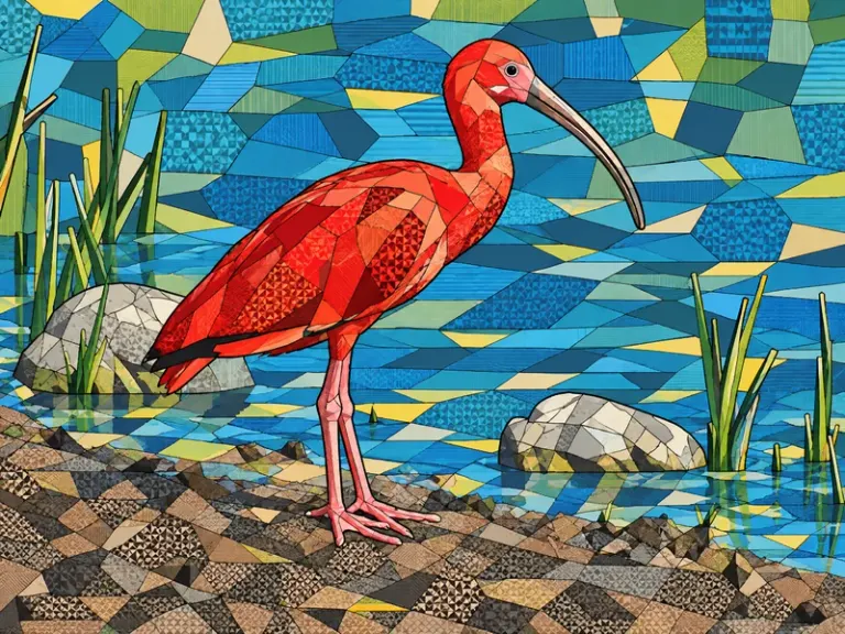 Scarlet ibis standing in shallow water in the Geometric Inlay style