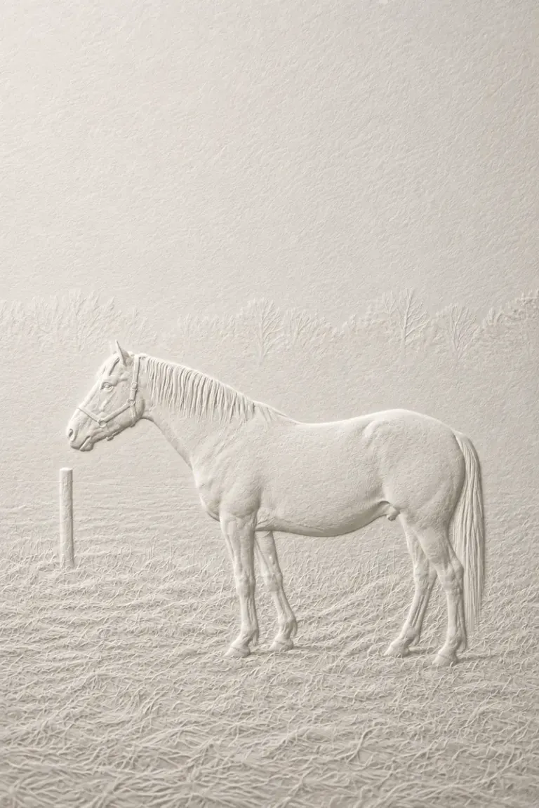 White horse standing in a foggy meadow in the Blind Relief style