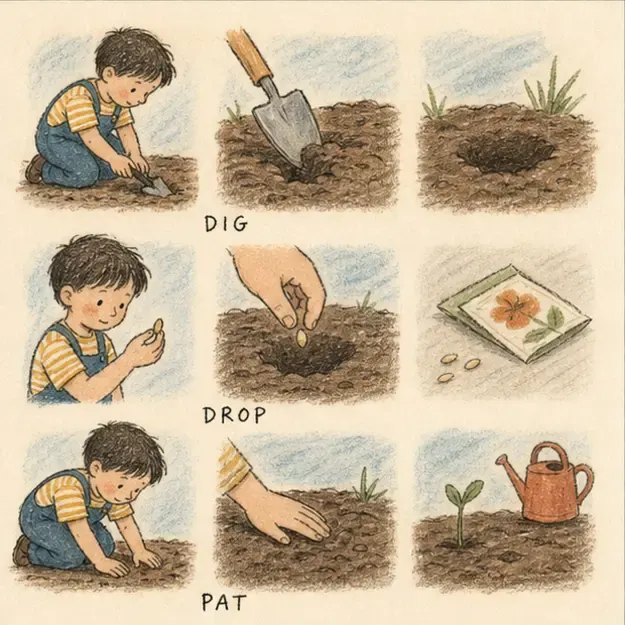 Child planting a seed in the Story Grid style