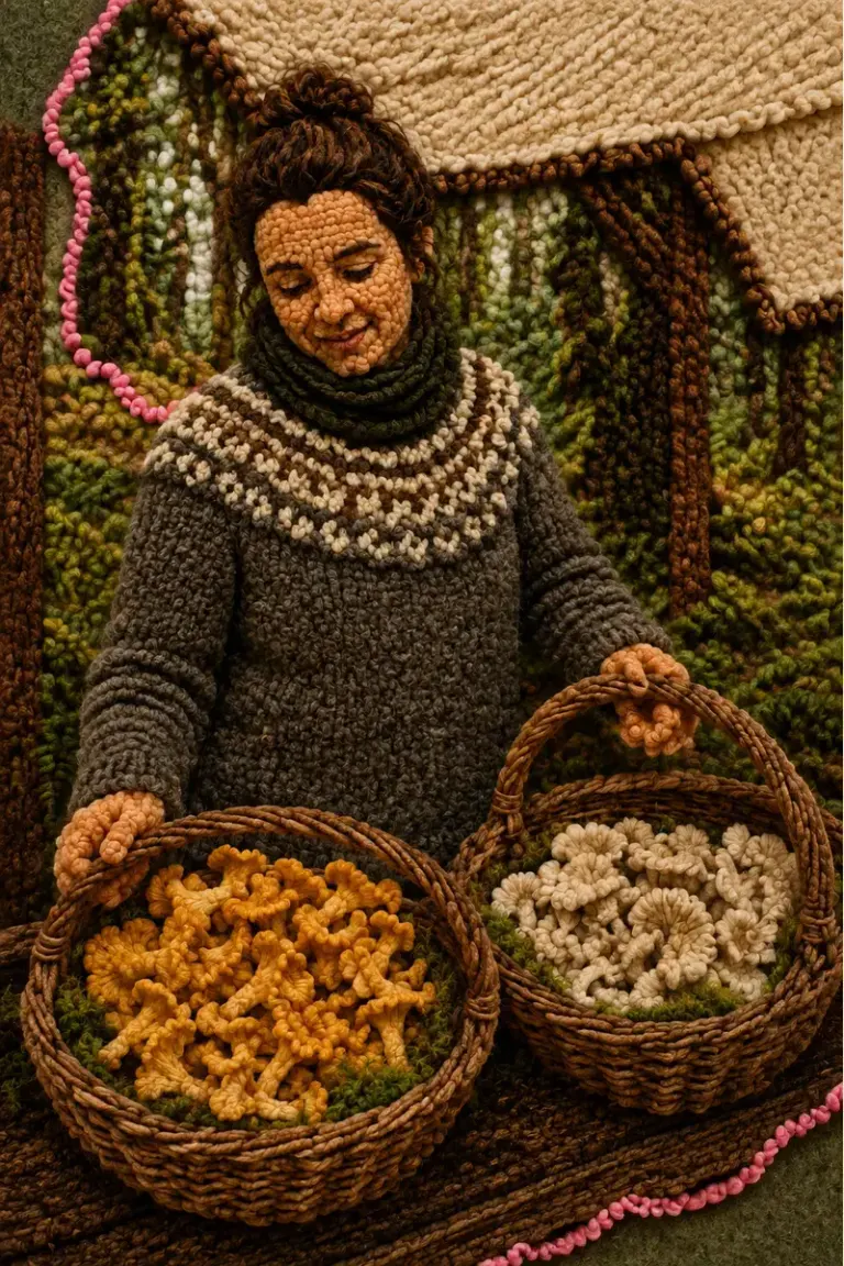 Mushroom seller arranging baskets at a woodland stall in the Soft Loop style