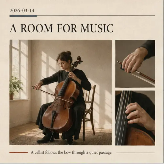 Cellist rehearsing in the Weekend Review style