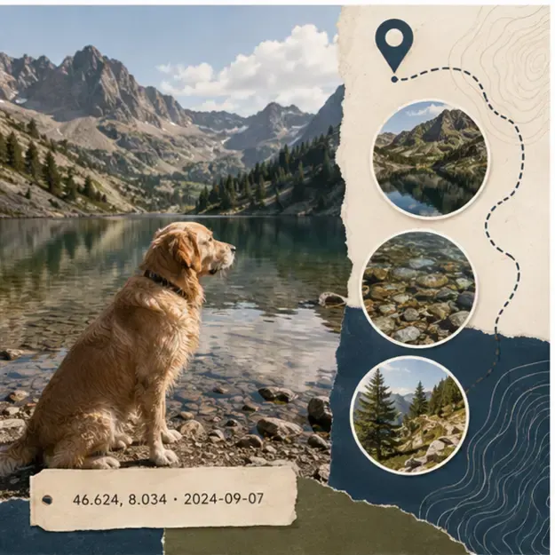 Dog beside an alpine lake in the Travel Pins style