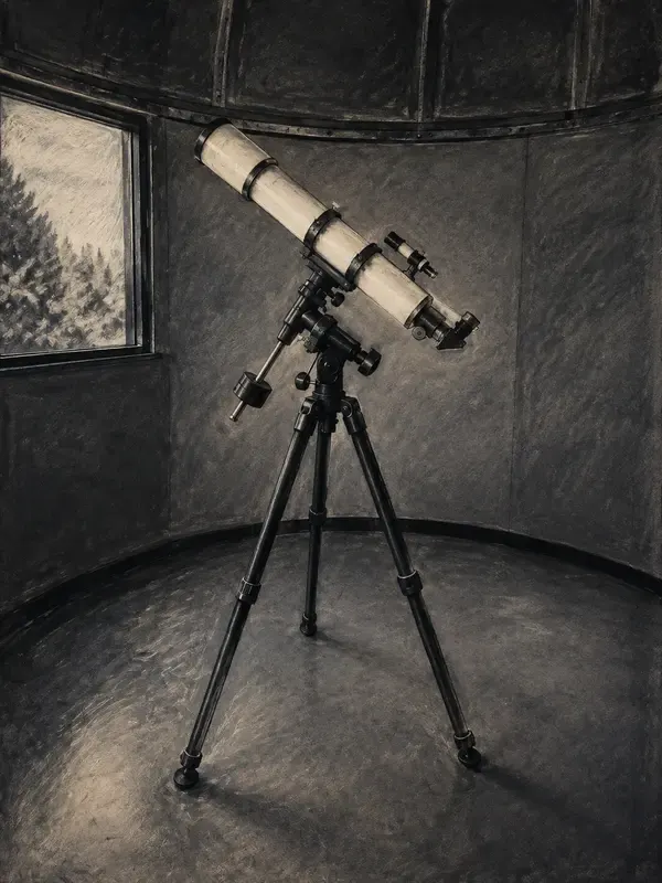 Telescope on a tripod in an observatory in the Chalk Recess style