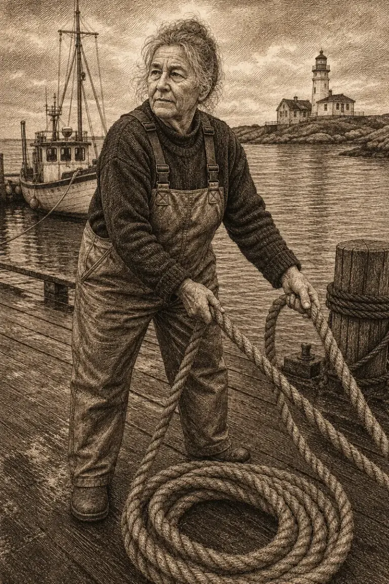 Harbor worker coiling rope beside a lighthouse in the Copperplate style
