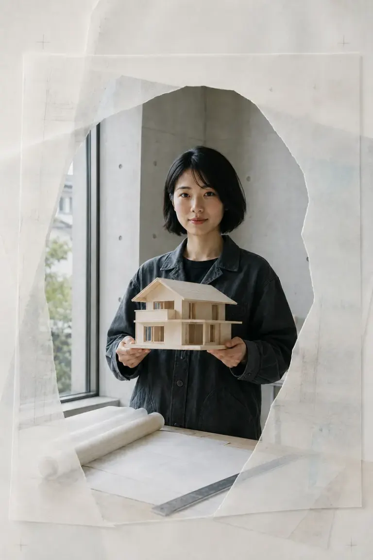 Architect holding a basswood model in the Vellum Window style