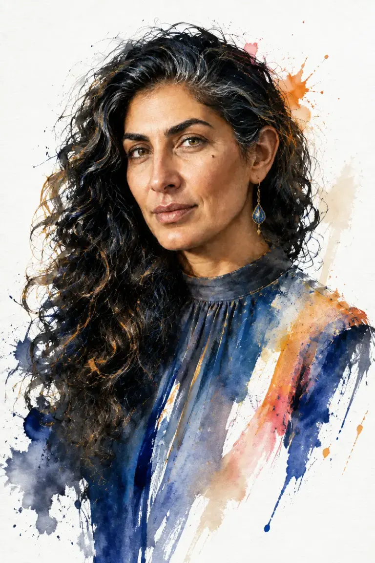 Woman with silver-streaked curls in the Cobalt & Coral style
