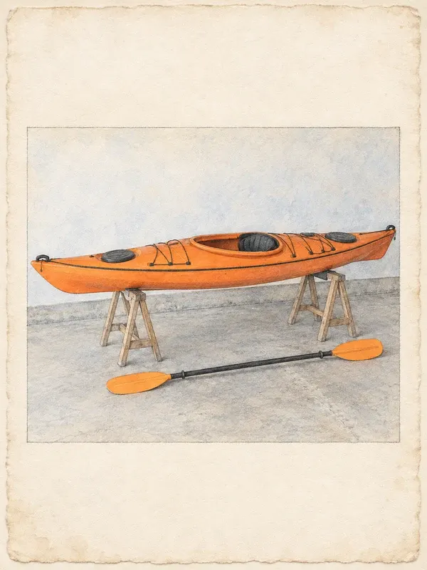 Orange touring kayak on wooden trestles beside a paddle in the Worn Plate style