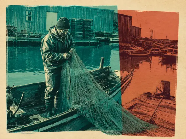 Fisher lifting a turquoise net beside a dock in the Turquoise Crossing style