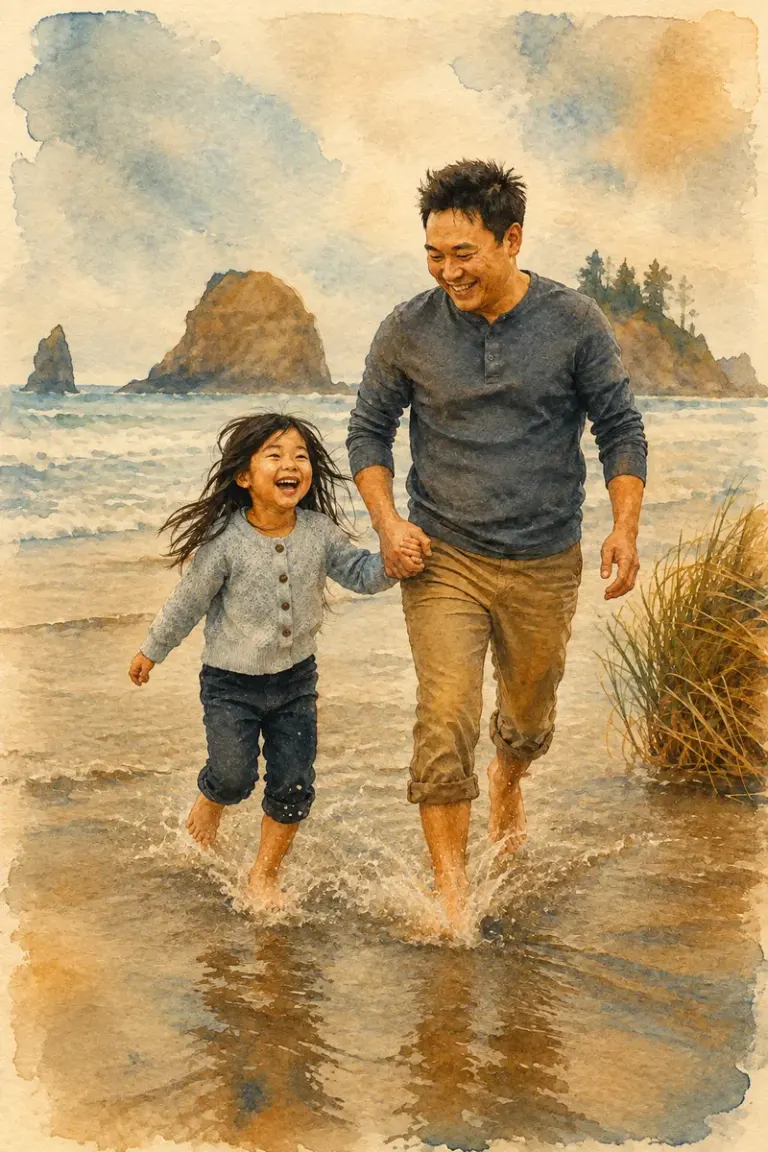 Father and daughter running through surf in the Pigment Ghosts style