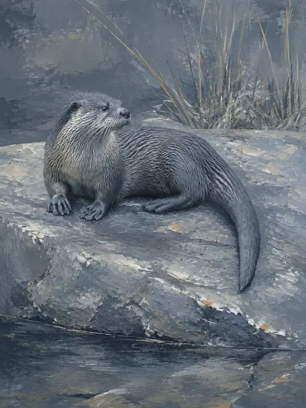 River otter on a wet rock in the Silver Scatter style