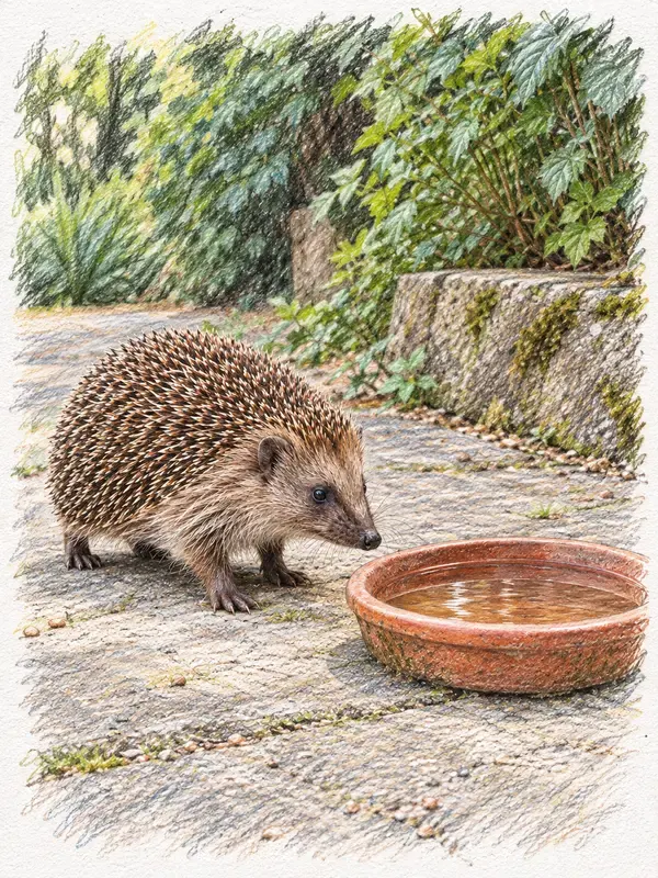 Hedgehog beside a water dish in the Tooth Bloom style