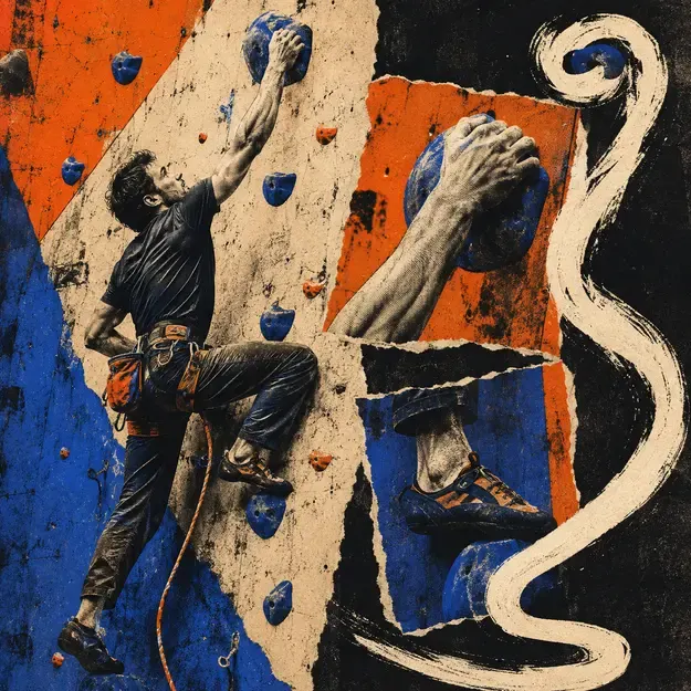 Climber reaching for a hold in the Emblem Print style