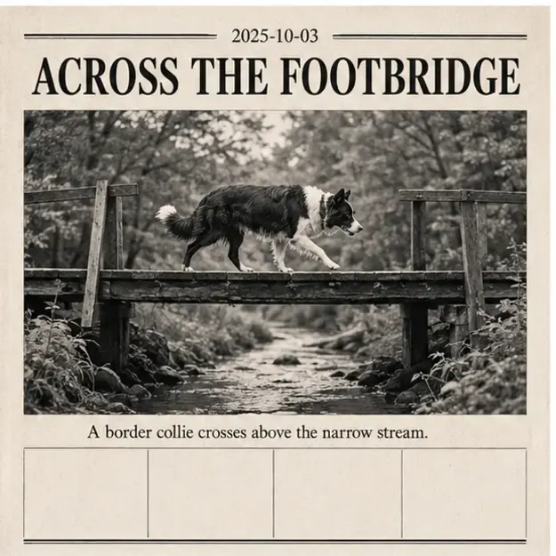 Border collie crossing a footbridge in the Front Page style