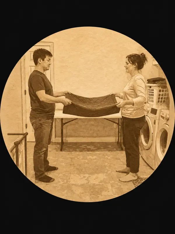 Two adults holding a quilt in the Umber Imprint style