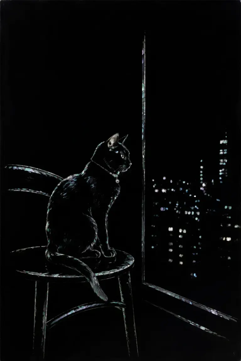 Black cat beside a city window in the Pearl Night style