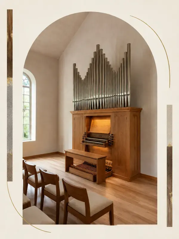 Pipe organ in a recital hall in the Inlaid Window style