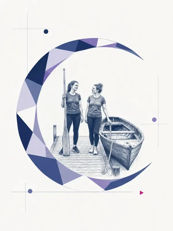Two rowers beside a moored wooden boat in the Crescent Score style