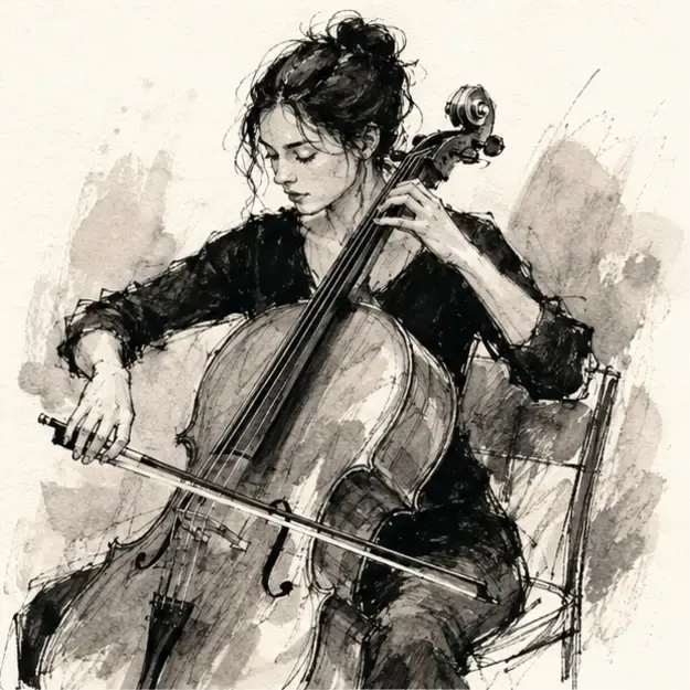Cellist in the Ink Trace style