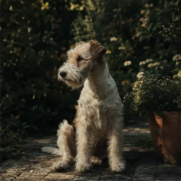 Wire-haired terrier in a garden in the Quiet Cinema style