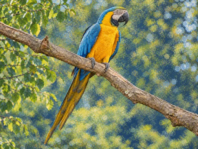 A blue-and-yellow macaw gripping a diagonal branch in the Pigment Scatter style